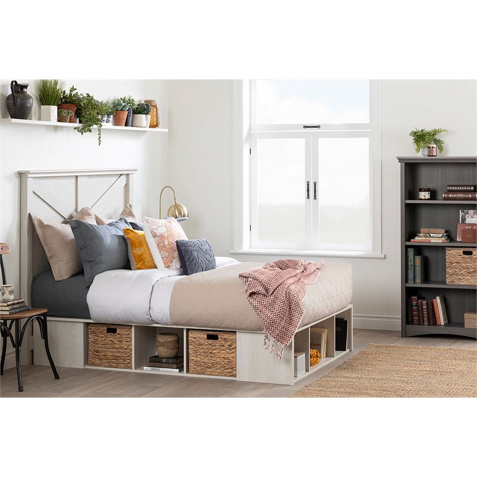 Bowery Hill Modern Wood/Rattan Full Storage Platform Bed in Winter Oak