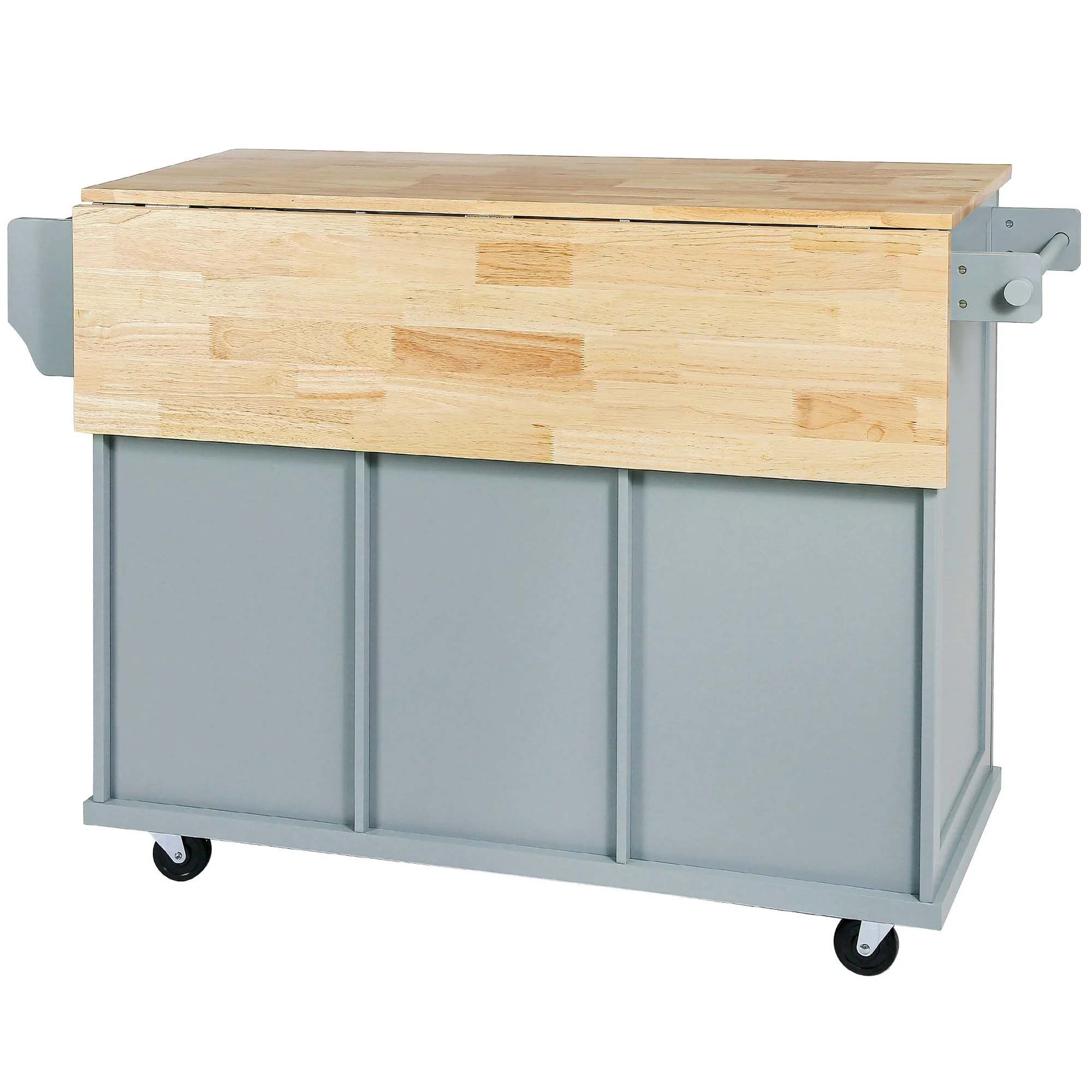 Momspeace Kitchen Island Cart with wheels and Rubber wood Drop-Leaf Countertop,Cabinet door internal storage racks,Kitchen Island on 5 Wheels with Storage Cabinet & 3 Drawers for Dinning Room-Blue