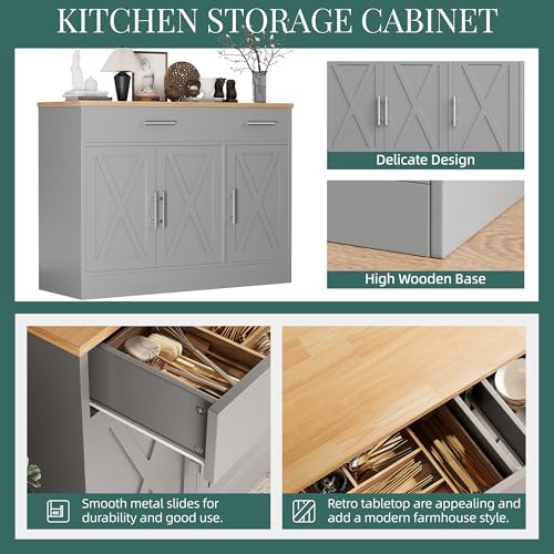 Shintenchi Modern Farmhouse Sideboard Buffet Cabinet with Storage with 3 Doors,42" Barn Doors Buffet Cabinet with Storage, Wood Coffee Bar Cabinet with Adjustable Shelf for Kitchen Living Room,White
