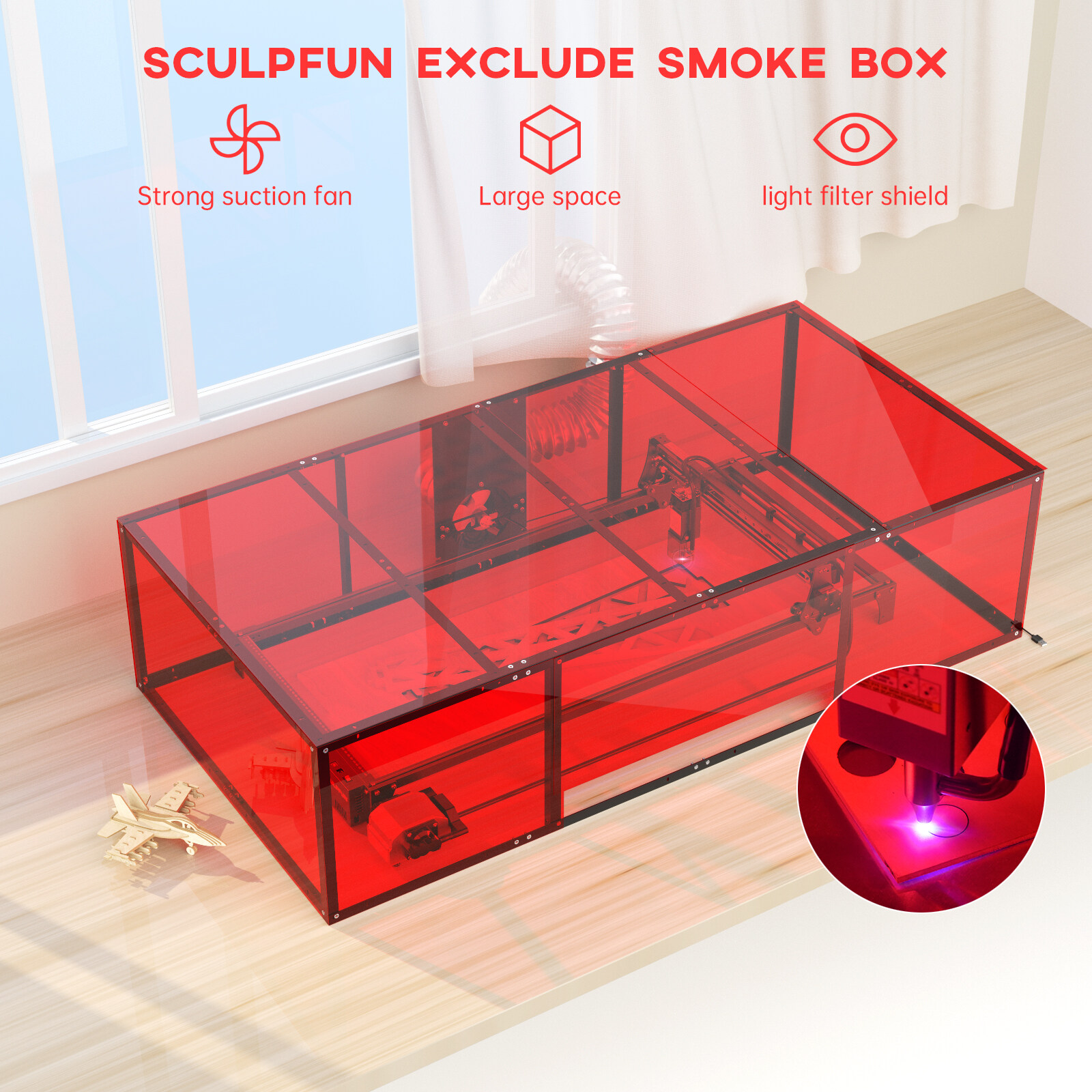 Original Laser Engraving Machine Dust-proof Protective Box 1440x720x360mm Smoke Exhaust with Powerful Suction Fan All-metal Structure PVC Enclosure Easy to Install