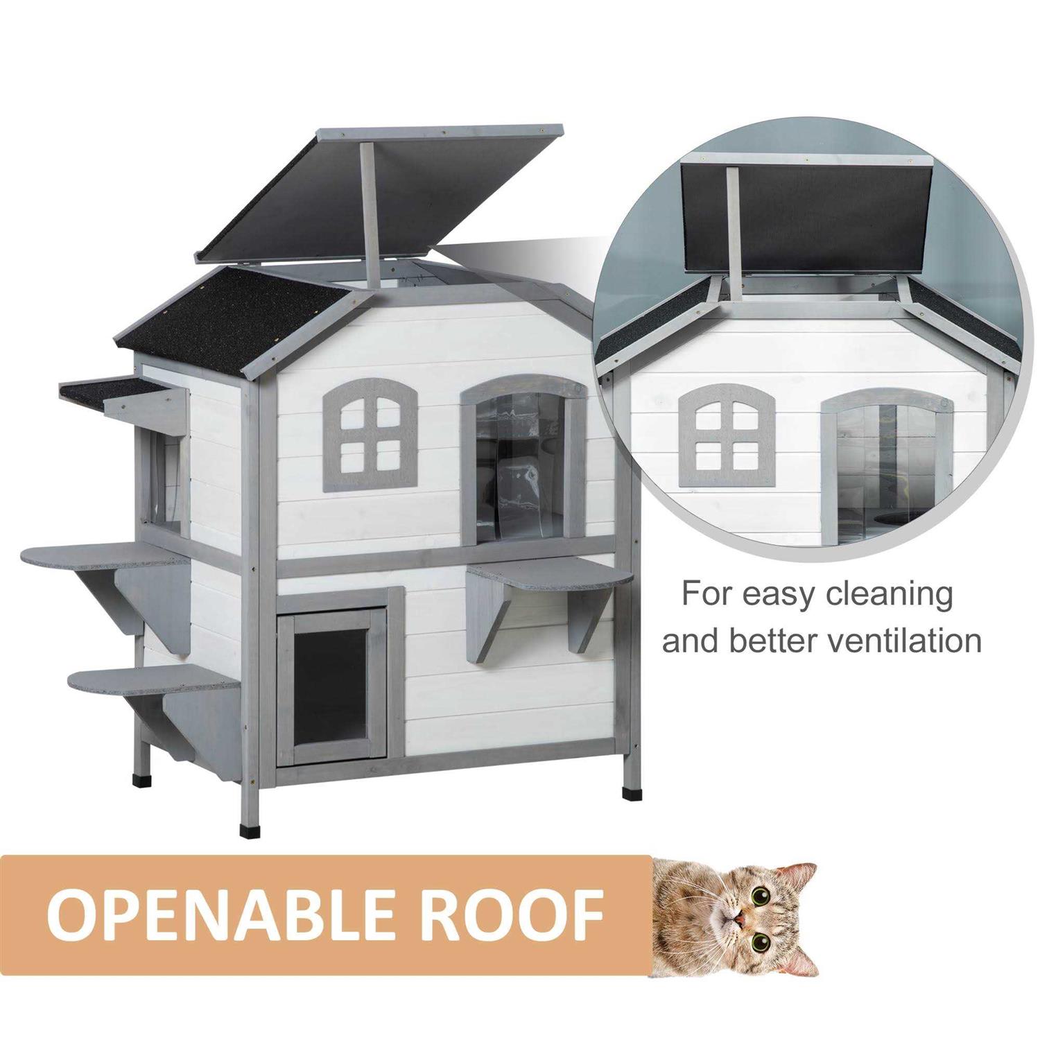 PawHut Wooden 2-Story Outdoor Cat House with Escape Door, Cat Openable Roof Platforms - Pet Supplies online store