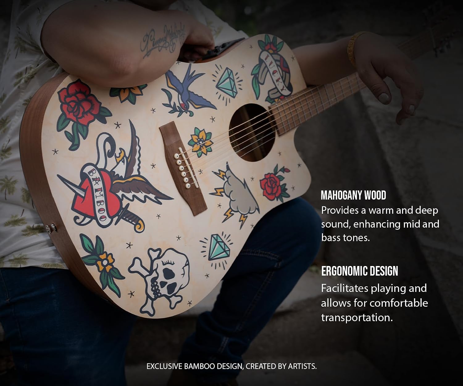 Bamboo 41" Acoustic Electric Guitar. Beginner for Adults and Teens with Gig Bag, Pick, Tuner, Strings, Capo, Strap and Truss Rod Key. Design Old School model.