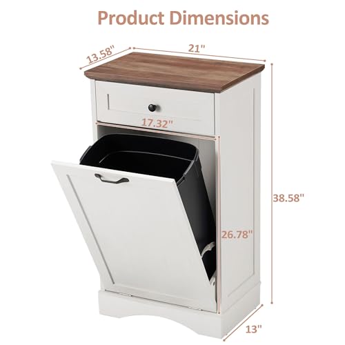 AHB 13 Gallons Tilt Out Trash Cabinet Free Standing Kitchen Trash Cabinet Recycling Garbage Cabinet with Hideaway Drawer Pet Proof Trash Can Holder for Kitchen Living Room, White