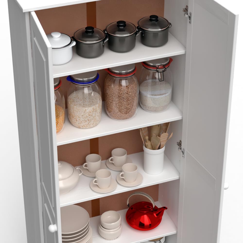 Cabinet Pantry 2 Doors Solid Wood White - Adjustable Shelves Linen Closet & Laundry Offers Ample Organization