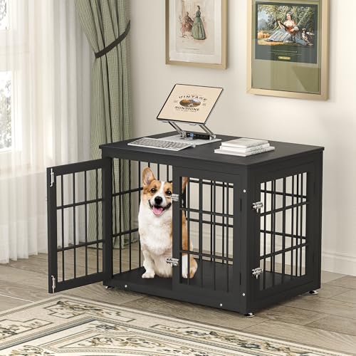 48 Inch Heavy Duty Dog Crate Furniture for Large Dogs, Decorative Pet House End Table, Extra Large Wooden Cage Kennel Furniture Indoor, Natural and White