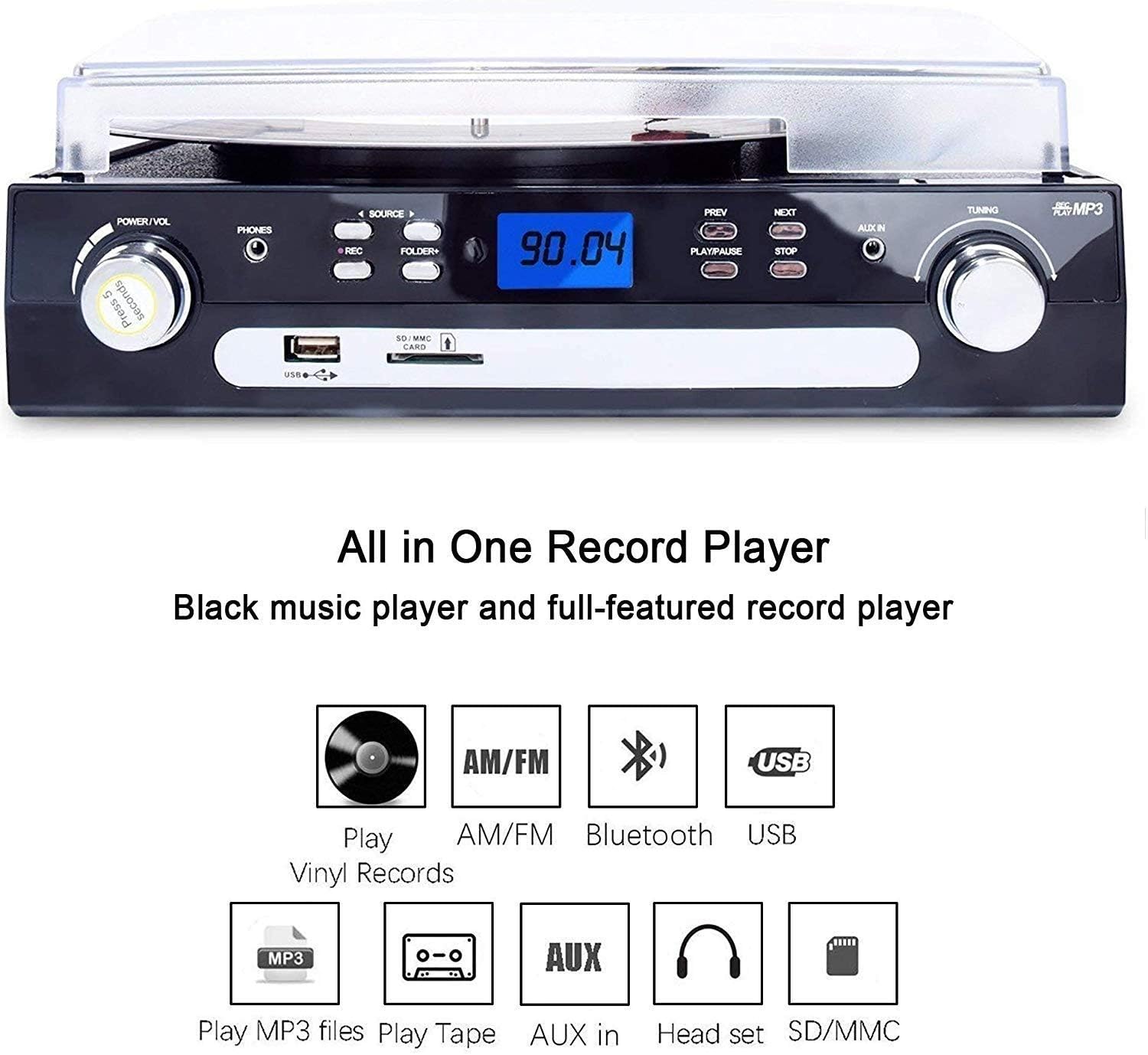 DIGITNOW Bluetooth Record Player with Stereo Speakers, Turntable for Vinyl to MP3 with Cassette Play, AM/FM Radio, Remote Control, USB/SD Encoding, 3.5mm Music Output Jack(Black) Pack of 2
