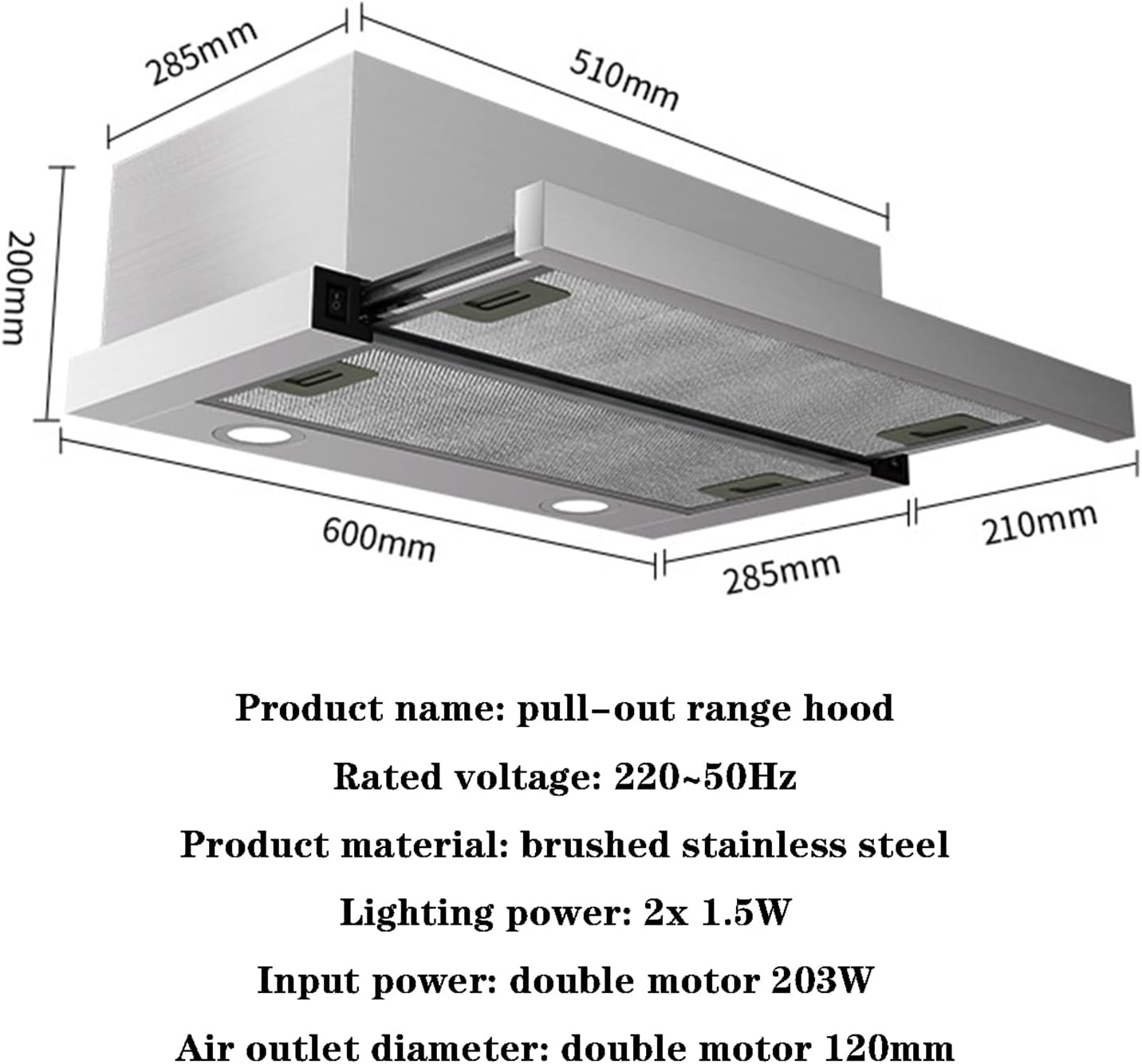 Kitchen Cooker Hood, Stainless Steel Extractor Hood, 600mm Built-in Extractor Fan with LED Light, Top Vented Range Hood, Hidden Pull-out Range Hood