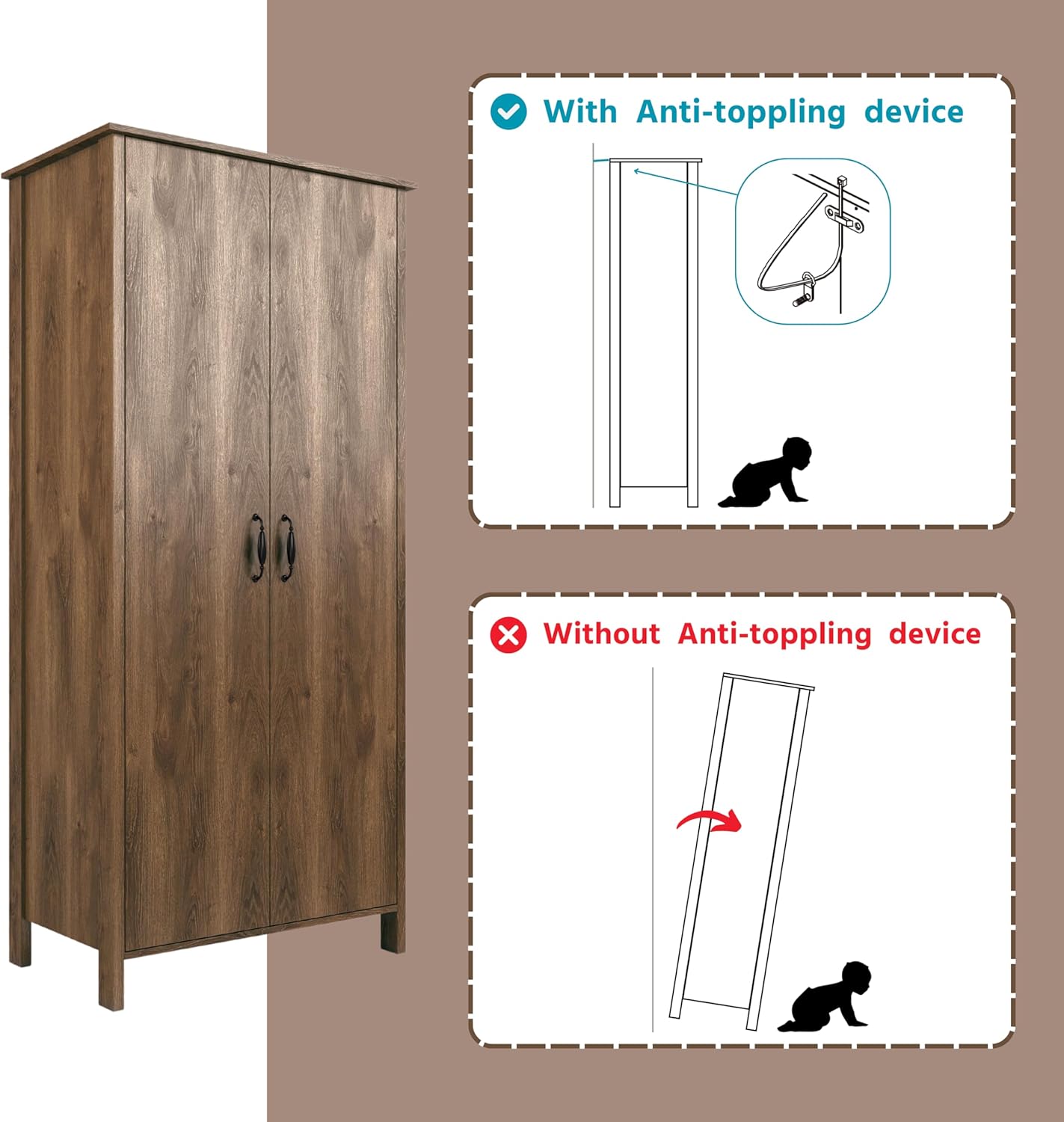 24/7 Shop at Home Piper Farmhouse 2-Doors Wood Armoire Wardrobe Closet with Fixed Shelves and Hanging Rack, Freestanding Clothes Cabinet for Bedroom, Guest room, Basement, Walnut Brown