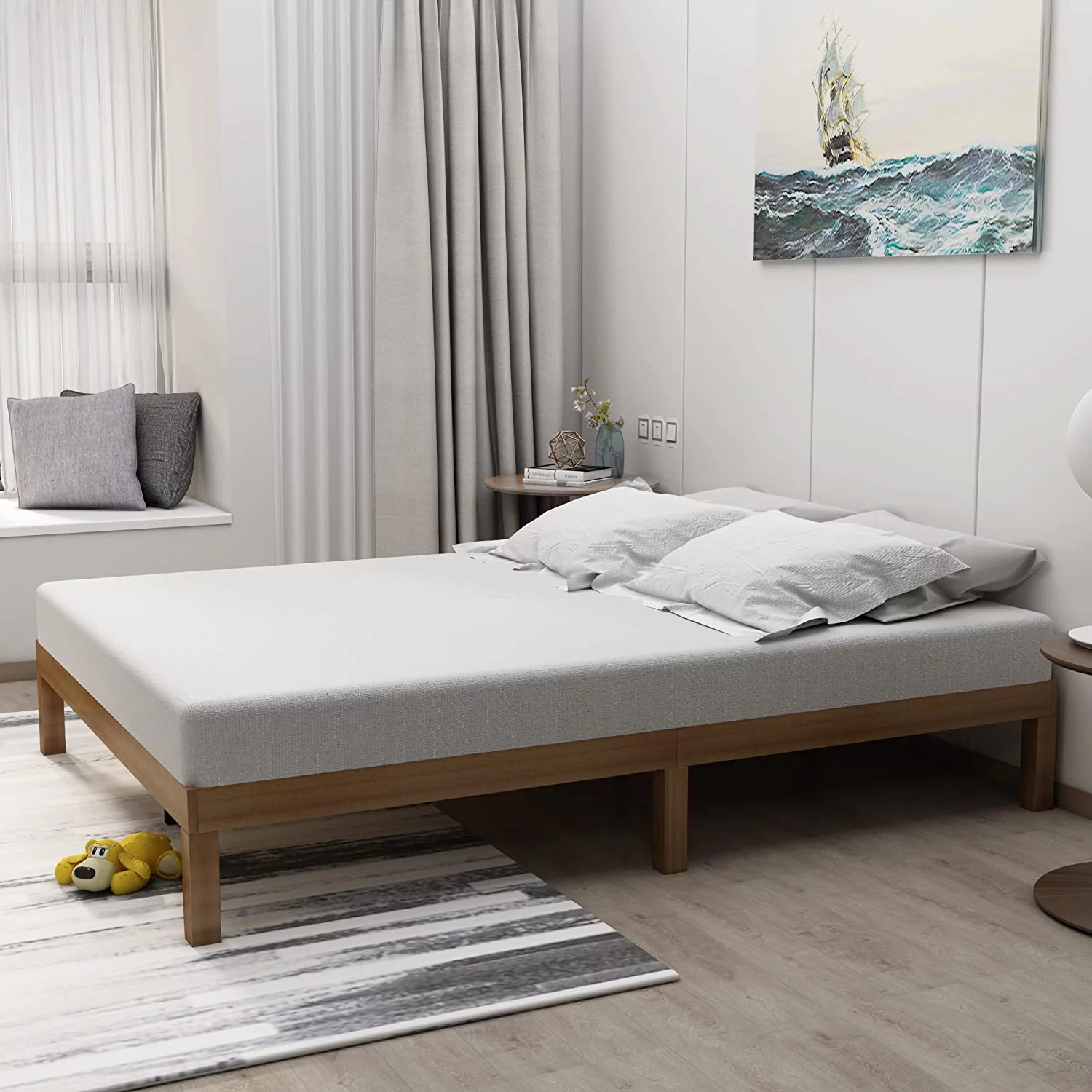 AngLink Queen Size Wood Platform Bedframe - No Headboard Bed Frame with 10 Legs Support, No Box Spring Needed, Strong Wood Slat Support, Easy Assembly丨Natural