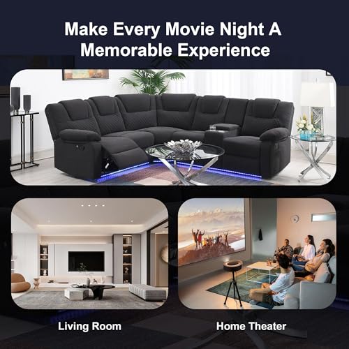 94'' L-Shaped Couch Sectional Sofa Couch, Manual Power Reclining Sectional Couch with LED Light and Storage Box, Velvet Triple Reclining Sofa with Two Cup Holders, Couches for for Living Room