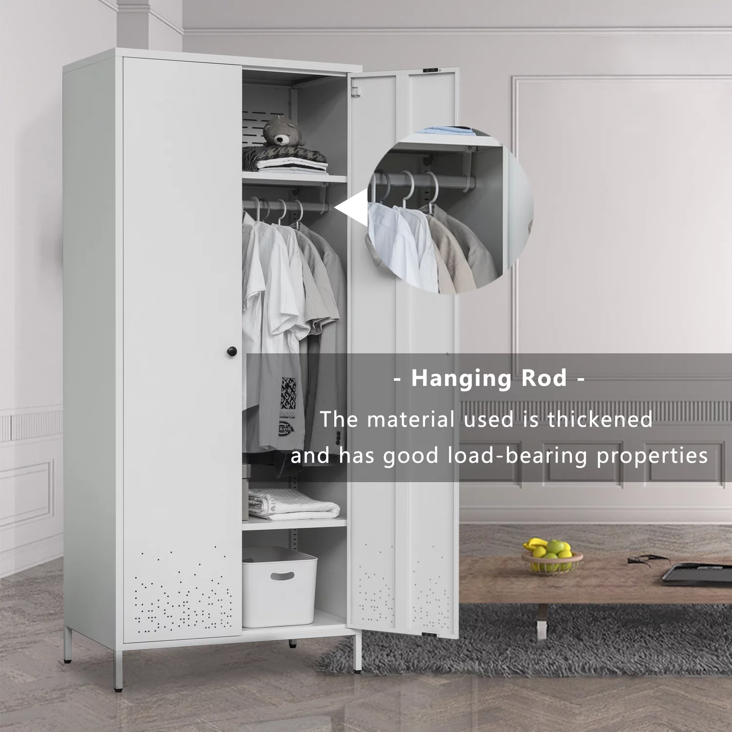 Storage Cabinet, Metal Wardrobe Armoire Closet with Hanging Rod for Bedroom, Laundry Room(White)