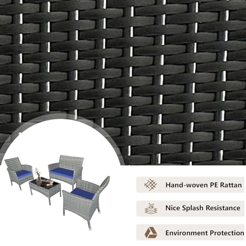 4 piece patio furniture set, Rattan Patio Furniture，Outdoor Wicker Conversation Set with Thick Cushion for Garden, Yard, Porch，Lawn Balcony or Backyard (Dark Coffee Rattan Beige Cushion)