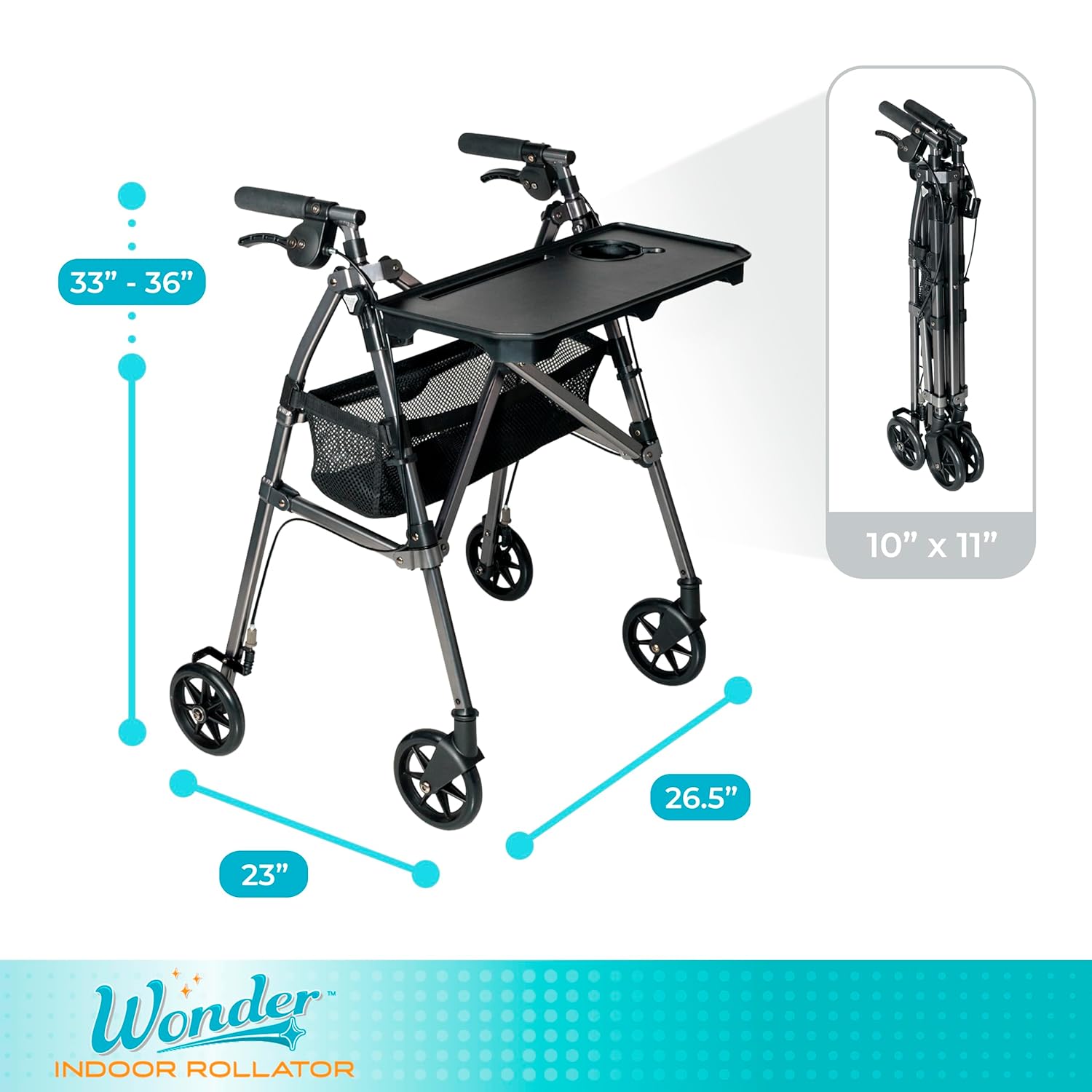 Stander Wonder Indoor Rollator with Tray and Basket, Lightweight Folding Mobility Rolling Walker for Seniors and Adults, Narrow Walker with 6-inch Wheels, Locking Brakes, Black Walnut