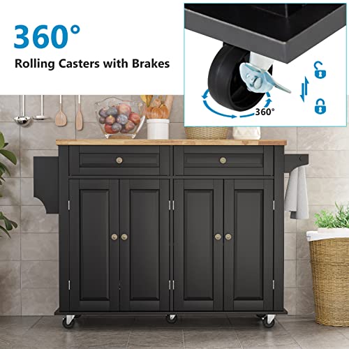 Rolling Kitchen Island with Drop Leaf – Movable Kitchen Carts on Wheels Island with Storage Cabinet, Island Table for Kitchen with Rubber Wood Top and Rack and Drawers, Matte, White