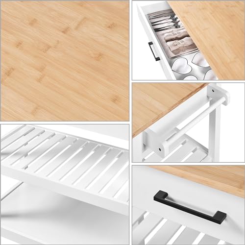 Yaheetech Kitchen Island Cart on Wheels with Bamboo Tabletop, 3-Tier Rolling Kitchen Island Microwave Cart with Drawer, Detachable Towel, 3 Hooks, 17" D x 37.5" W, White