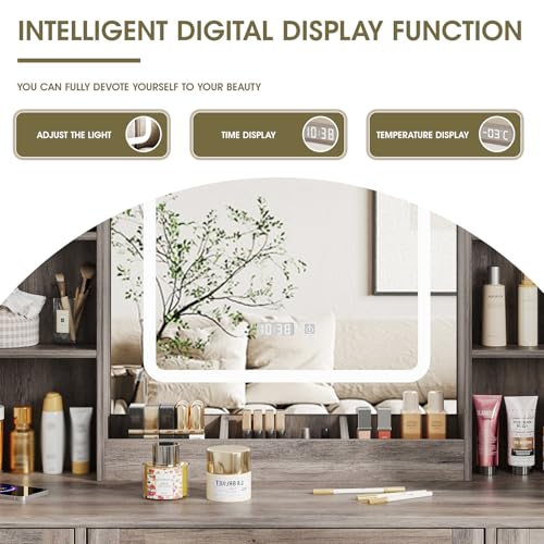 Vabches Makeup Vanity Desk, Vanity Mirror with Lights Desk and Chair,Makeup Table with 3 Large Drawers and 2 Cabinets, Time and Temperature Display, 3 LED Lighting Modes Adjustable, White