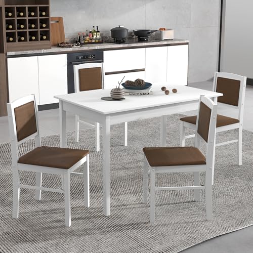 GOFLAME 5-Piece Dining Table Set for 4, Rectangular Kitchen Table & 4 Chairs with Solid Wood Legs, Padded Seat & Backrest, Upholstered Dinette Set for Dining Room, Breakfast Nook, Restaurant, White