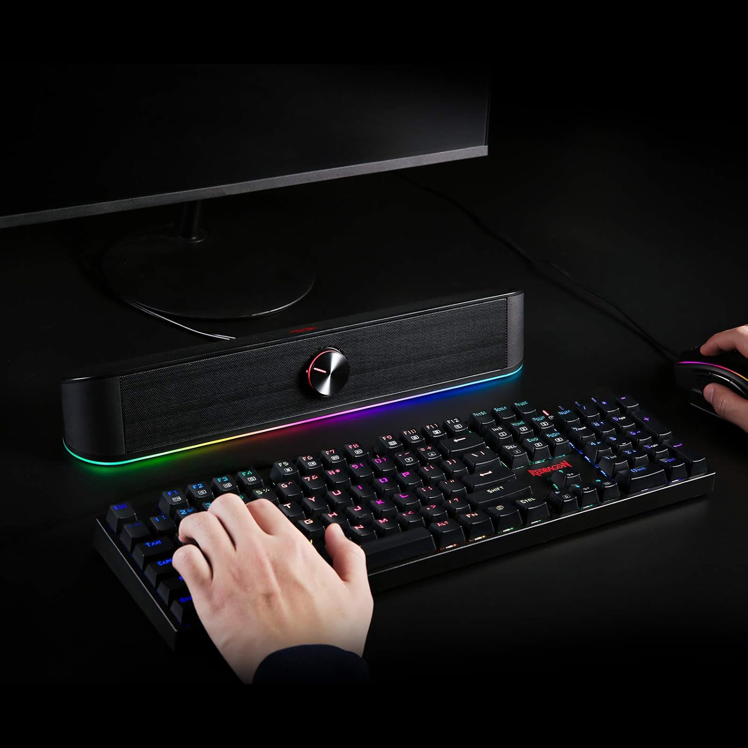 Redragon GS560 Adiemus RGB Desktop Soundbar, 2.0 Channel Computer Speaker with Dynamic Lighting Bar Audio-Light Sync/Display, Touch-Control Backlit with Volume Knob, USB Powered w/ 3.5mm Cable