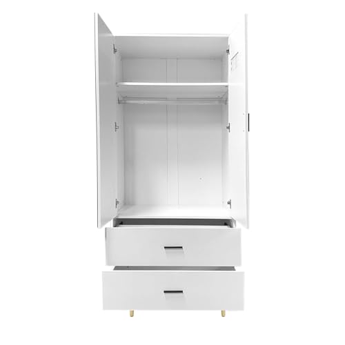 Armoire Wardrobe Closet with Hanging Rod 2 Doors 2 Drawers Mirror and Shelves for Bedroom Storage Organization Large Capacity Organizer for Clothes White 31.5" W x 15.7" D x 70.8" H