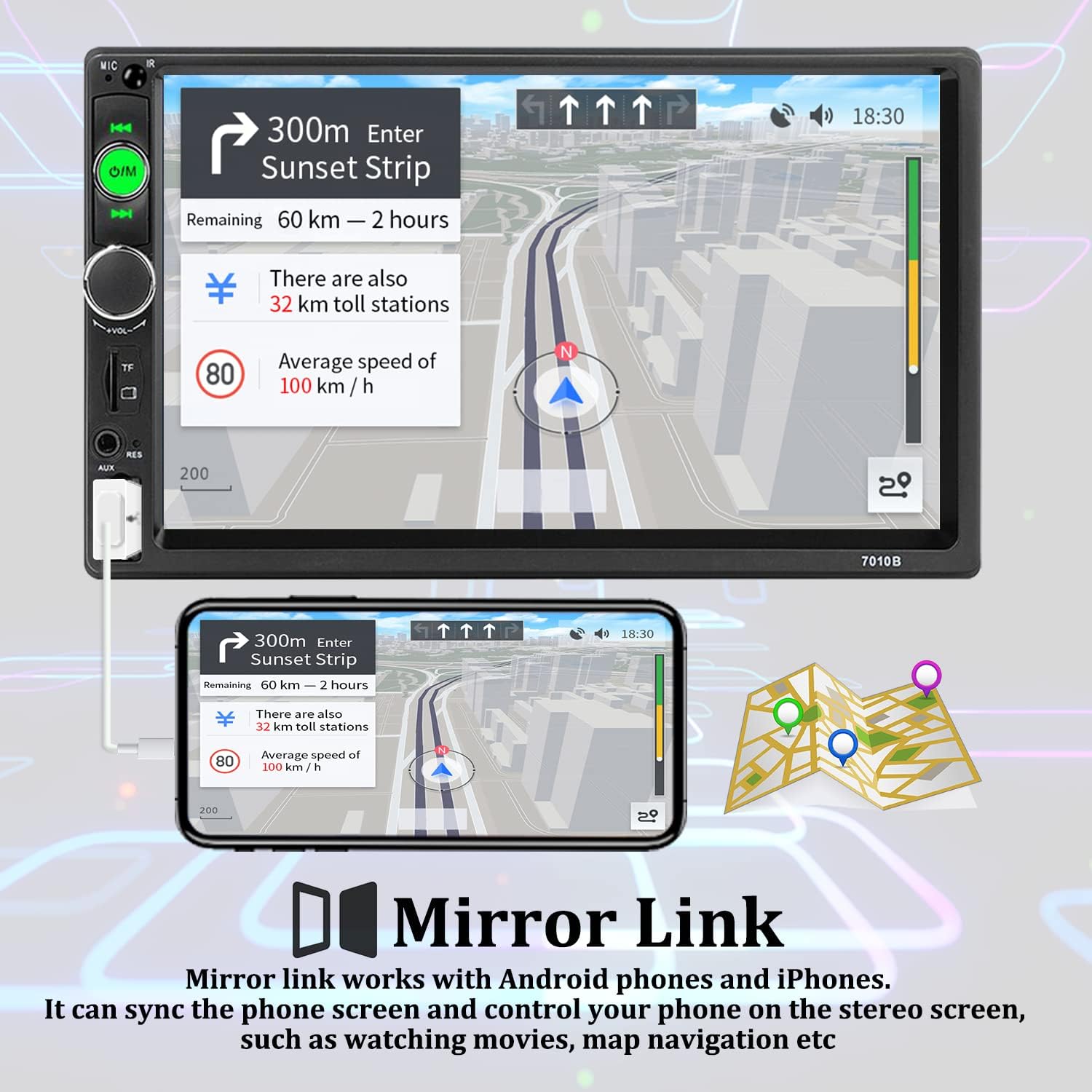 Car Stereo Double Din Car Radio 7 Inch HD Player MP5 Touch Screen Digital Display Bluetooth Multimedia 2 Din FM Radio Receiver AUX In USB TF Card Input Mobile Mirror Link with 12 LED Car Backup Camera