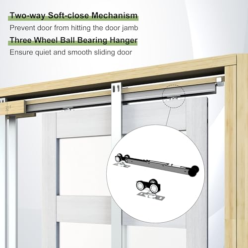JUBEST Pocket Door 36"x80", 5-Panel Tempered Frosted Glass Sliding Pocket Door with Soft Close Pocket Door Frame Kit, Water-Proof PVC Surface, Assembly Needed, White