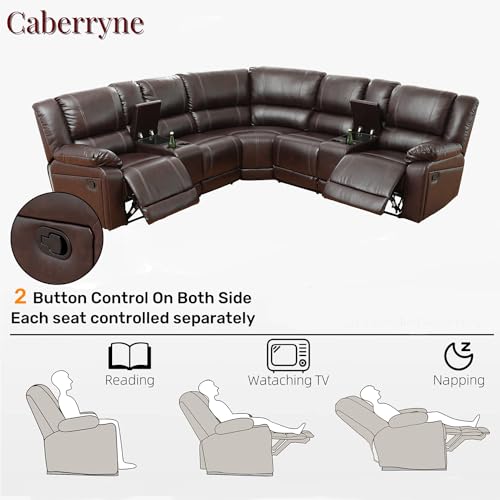 Manual Reclining Sectional Sofa with Double Recliners Leather L-Shaped Reclining Sectional Couch Recliner Sofa with Chaise,5 Seater for Living Room