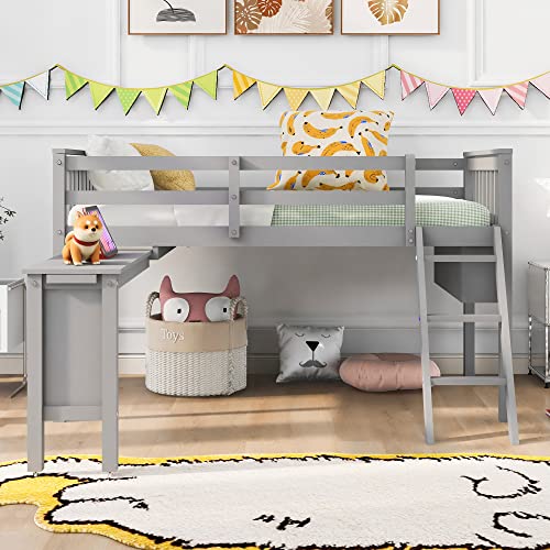 Wooden Full Size Low Loft Bed with Rolling Portable Desk and Chair,4 Cabinets，Blackboard and Slides,for Kids Boys Girls Teens Bedroom Use (White@z, Full)
