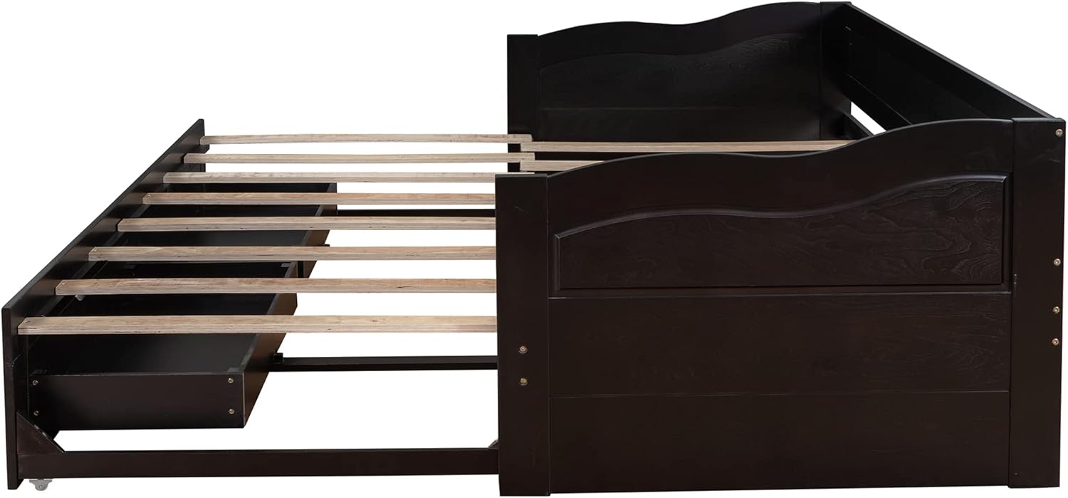 Wood Trundle, Extendable Daybed Twin to King with 2 Storage Drawers, Sofa Bed Frame for Small Space, Bedroom, Living, Guest Room, Espresso