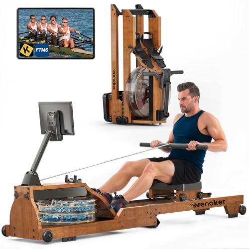 Water Rowing Machine for Home Use, WENOKER Wooden Foldable Rower Machine with Adjustable Monitor & Bluetooth APP, Large Water Tank & Comfortable Seat for Immersive Water Rower, 350LBS Weight Capacity