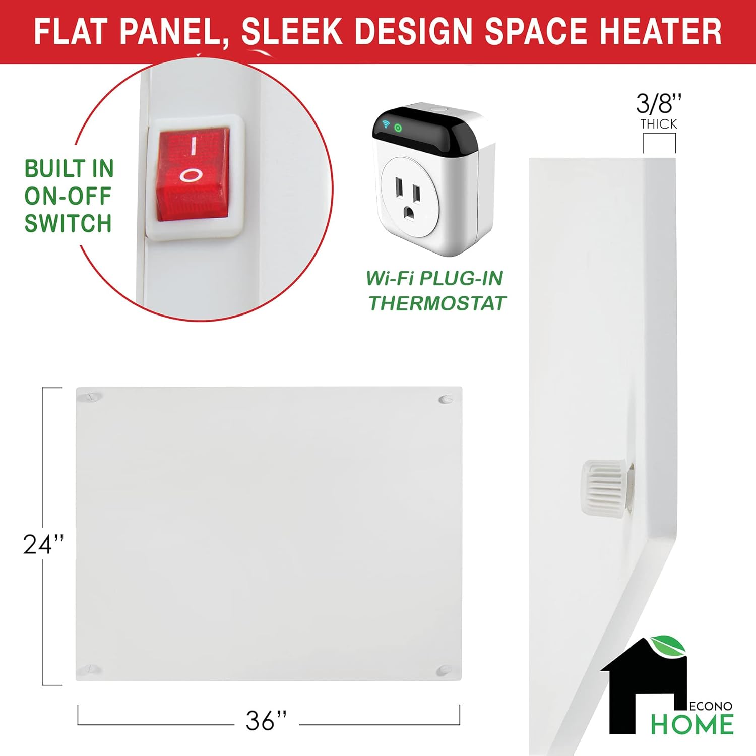 EconoHome Wall Mount Space Heater Panel - with Thermostat - 600 Watt Convection Heater - Ideal for 200 Sq Ft Room - 120V Electric Heater - Save Up to 50% of Heating Cost - with Overheat Protection