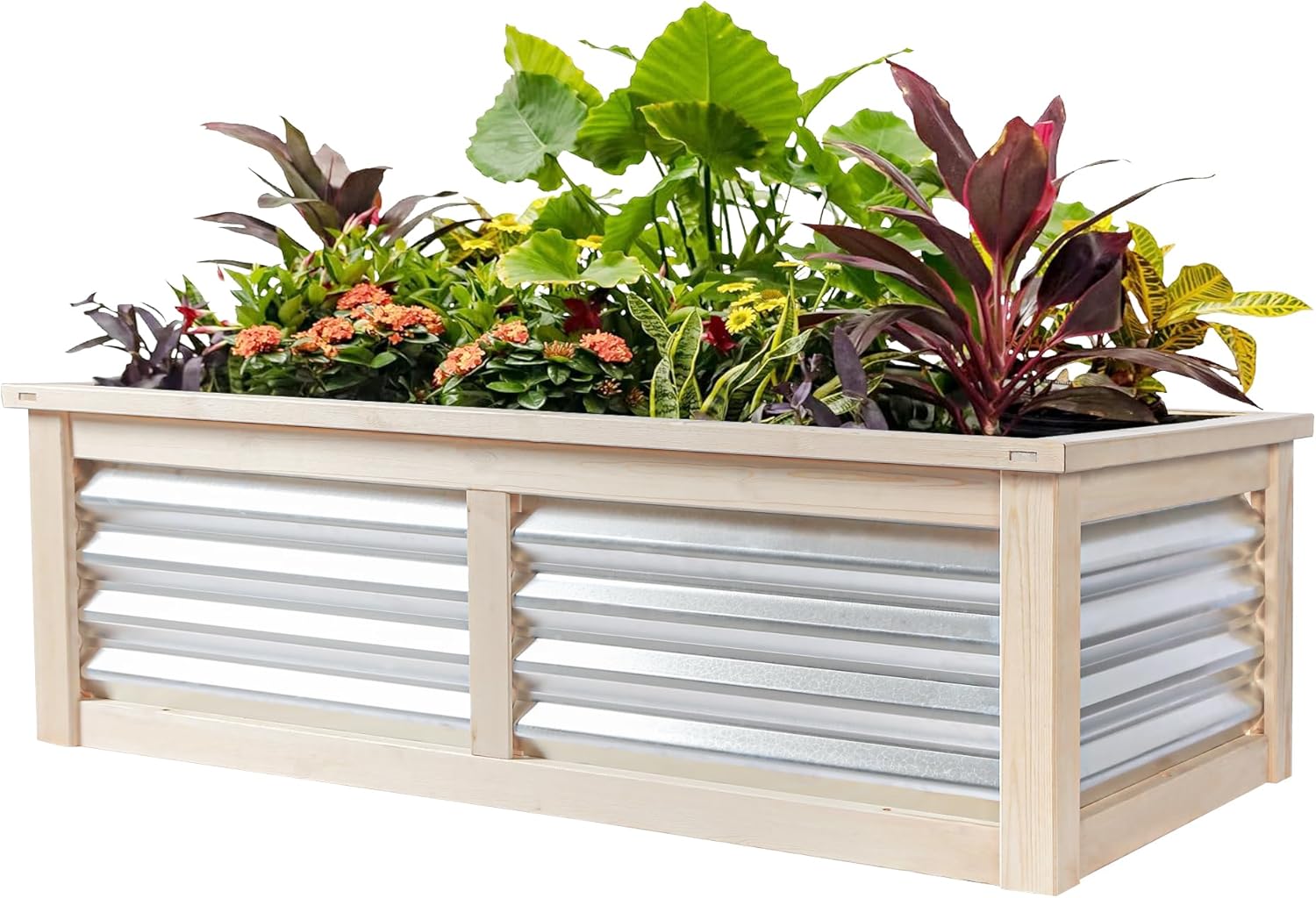 Wood Garden Raised Bed Outdoor 4X2X1.2 FT Plant Box Planters for Outdoor Plants with Galvanized Metal for Herbs Vegetables Flowers Great Patio Deck Balcony