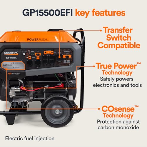 Generac 8,000-Watt Gas-Powered Portable Generator - Electric Start with COsense - PowerRush Advanced Technology - Reliable Power for Emergencies, Recreation, Home - 49 State Compliant - Orange/Black
