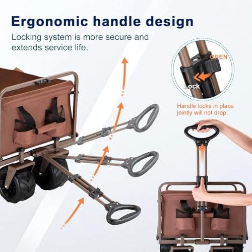kejector Collapsible Wagon Cart - Heavy Duty Foldable 360-Degree Swivel Wheels Beach Wagon with Side Pockets, Adjustable Handle, Utility 140l Capacity Portable Cart for Camping, Sports, Black