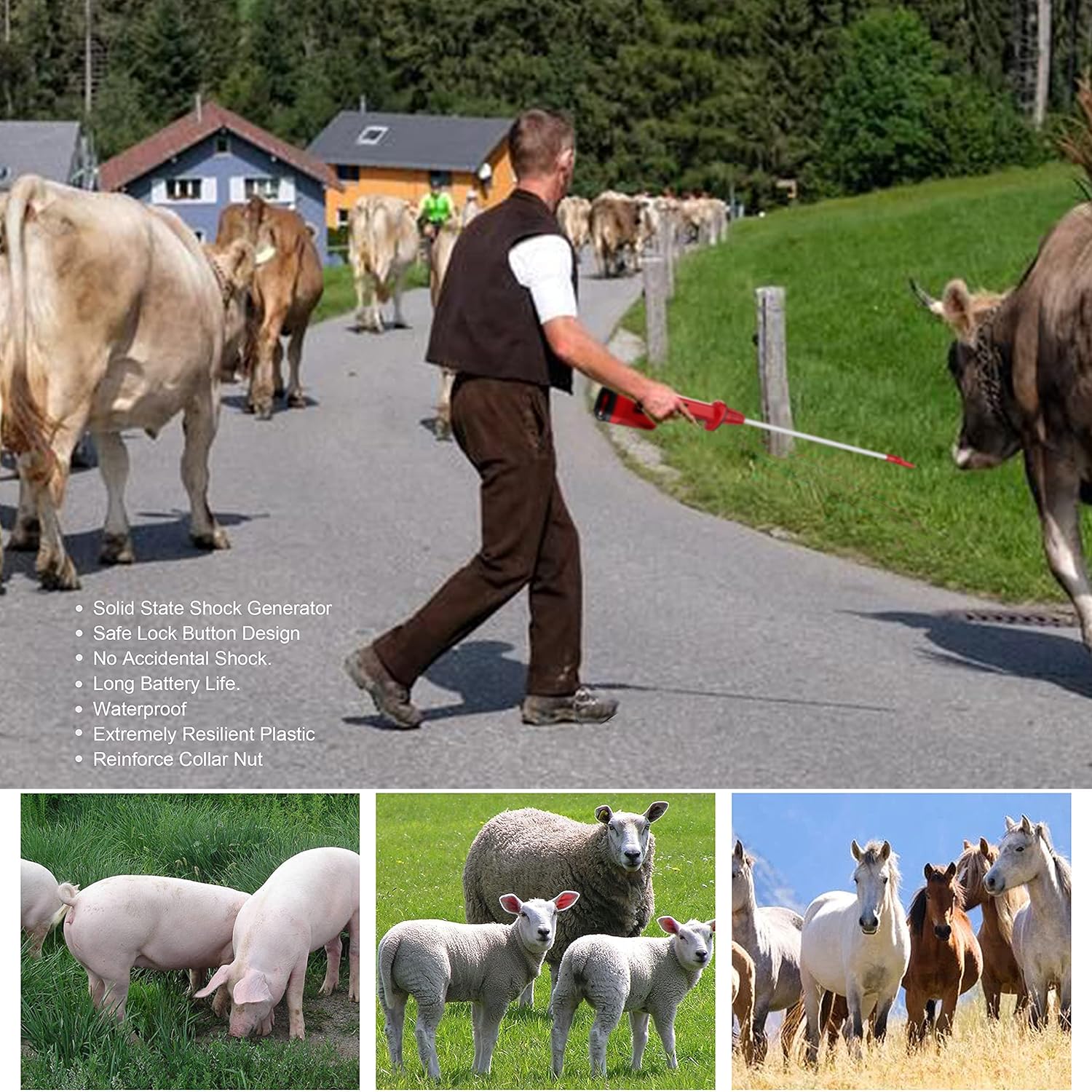 Livestock Prod Electric Cattle Prod Rechargeable Safety Animal Hot Shot with 28in. Flexible Prod Shaft for Cow Pig Cattle Goats and Big Dog