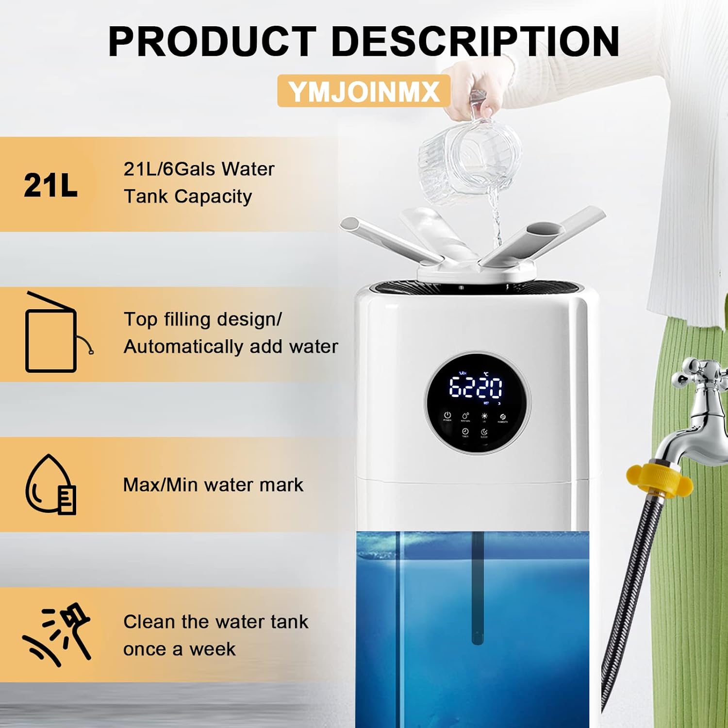Commercial Industrial Humidifier Whole House Humidifier 6Gals Water Tank Max 2000ml/h Mist Output Faucet Filling Humidifier for Plant Large Greenhouse 110V