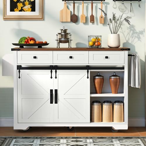 53.7" Farmhouse Kitchen Island with Power Outlet,2 Sliding Barn Door Storage Island with Drop Leaf,Spice Rack and 3 Drawers,Rolling Kitchen Cart on Wheels for Dining Room, White
