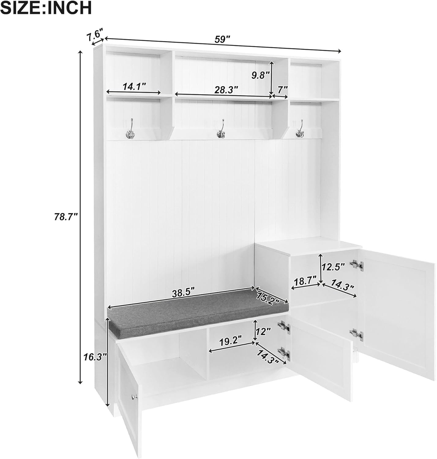 Entryway Hall Tree with Cushion Bench, Shoe Storage Cabinets, 3 Shelves and Hooks, 4-in-1 Elegant Design Coat Rack for Hallway, White