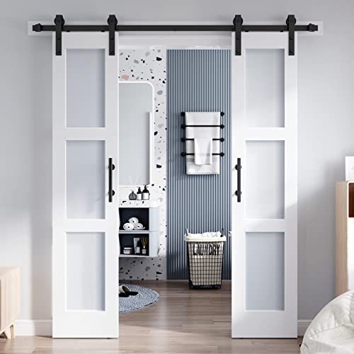 36x84 Inch Glass Sliding Barn Door Slab and 6.6ft Hardware Kit Included, 5 Frosted Glass, LVL Wood Panel Covered with White Water-Proof Scratch-Proof PVC Surface, Simple DIY Assembly