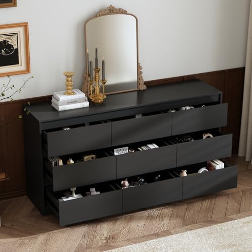 Hitow 9 Drawer Dresser for Bedroom with Deep Drawers, Large Floor Wood Dressers & Chest of Drawers Handle Free, Modern Black Long Dressers for Closet Living Room, Euro Slide (63"W x 15.7"D x 31.5"H)