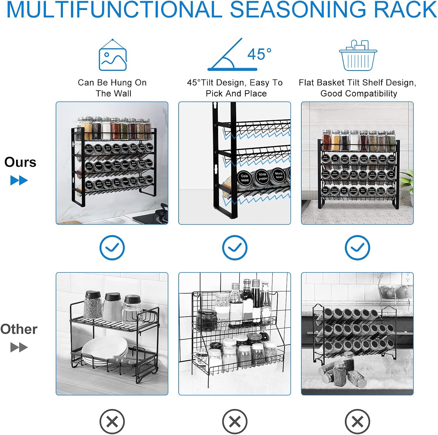 Spice Rack Organizer for Cabinet, Seasoning Organizer, Spice Organizer for Pantry, Spice Rack Wall Mount, 4 Tier Kitchen Countertop Storage Rack with Hooks, Amtiw Without Jars Detachable Spice Rack