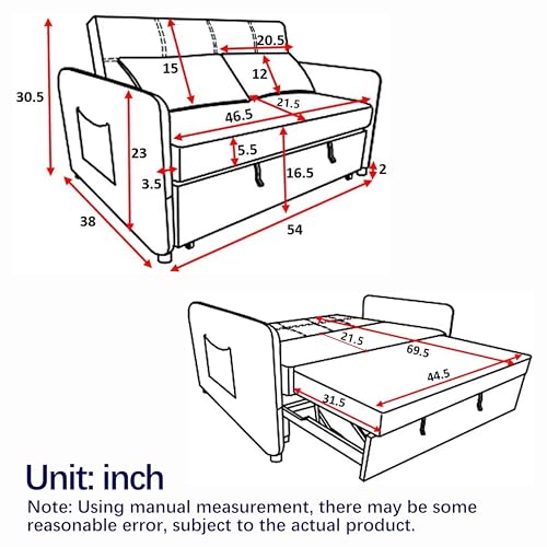 3-in-1 Versatile Convertible Sofa Bed, Velvet Double Sofa with Pull-out Bed, Futon Couch with Adjustable Backrest and Side Pocket,Loveseats Sofa Bed,Square Arms, for Living Room Apartment, Grey