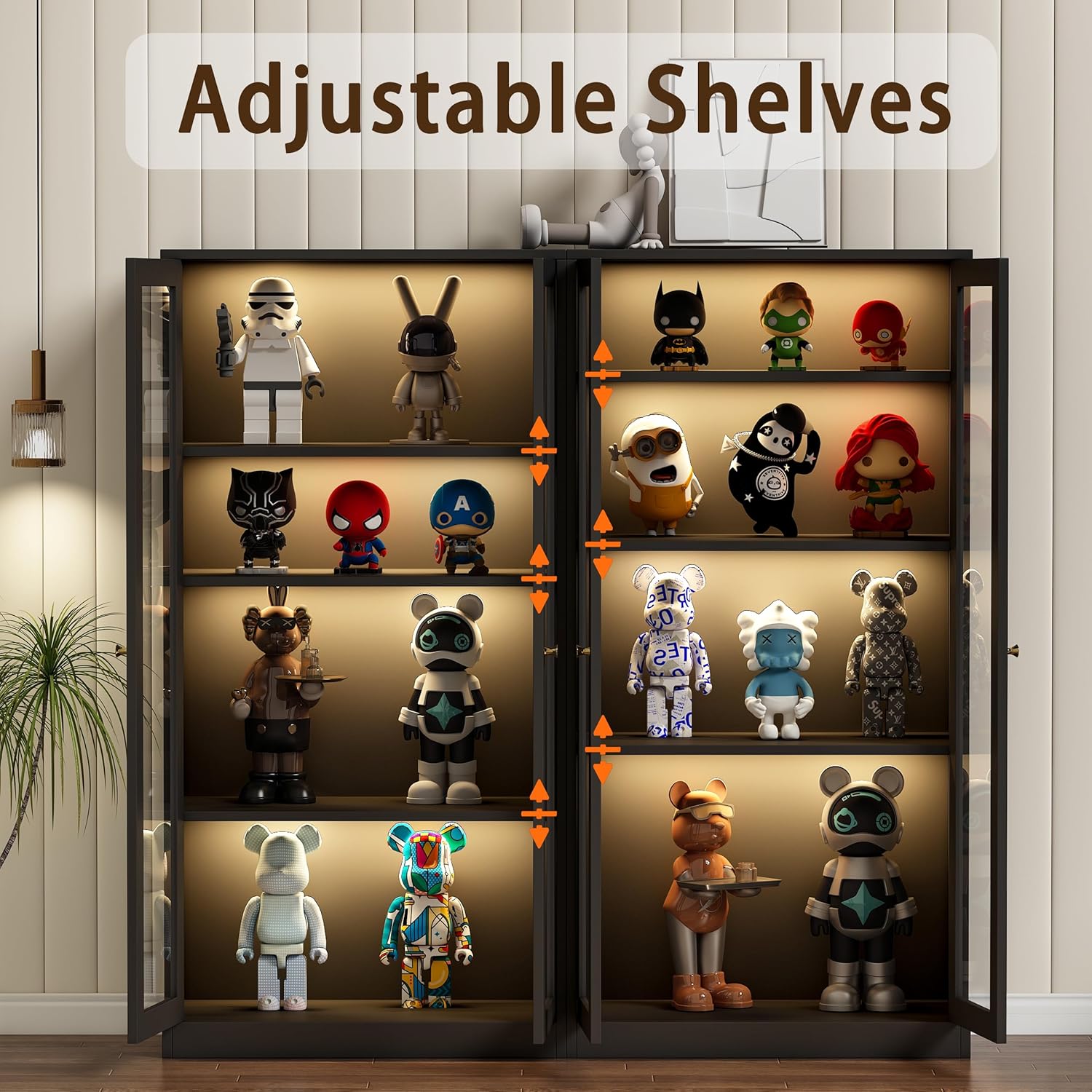 63'' Display Cabinet, Glass Display Cabinet with LED Light, 3 Adjustable Shelves, Curio Cabinet with Glass Doors for Home, Office, Collectibles, Pantry, Large Capacity (Black)
