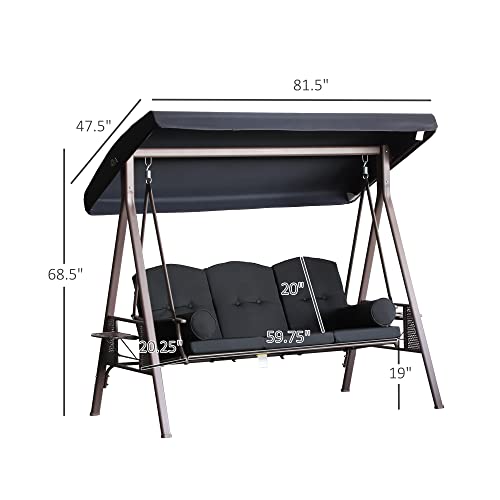 Outsunny 3-Seat Patio Swing Chair, Outdoor Porch Swing Glider with Adjustable Canopy, Removable Cushion, Pillows and Side Trays, for Garden, Poolside, Backyard, Brown