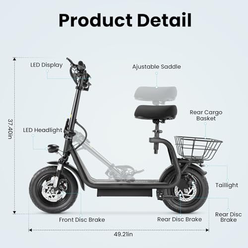 Caroma Peak 800W/1200W Electric Scooter Adults, 30 Miles Max Range, Foldable Electric Scooter with Seat, Front Suspension, Detachable Large Basket,Commuter E-Scooter for Adult and Teens