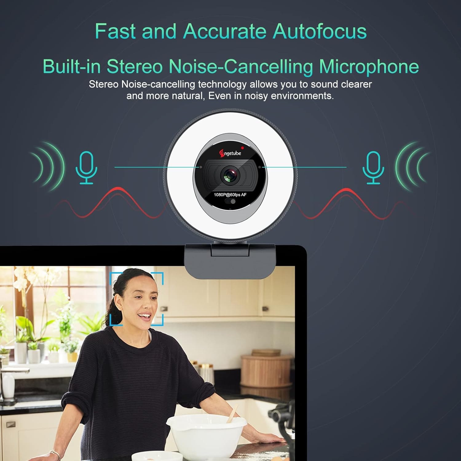 Zoomable Webcam with Remote, Streaming Webcam with Ring Light 1080P 60FPS 2X Digital Zoom Built-in Dual Stereo Microphone and Privacy Cover for Zoom/Skype/Teams/Webex, Mac Windows