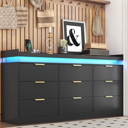 White Dresser with LED Lights, Wooden LED Dresser, 4 Drawer Chest with Charging Station, Tall Chest of Drawer Closet Organizer for Bedroom, Living Room, Entryway, Hallway