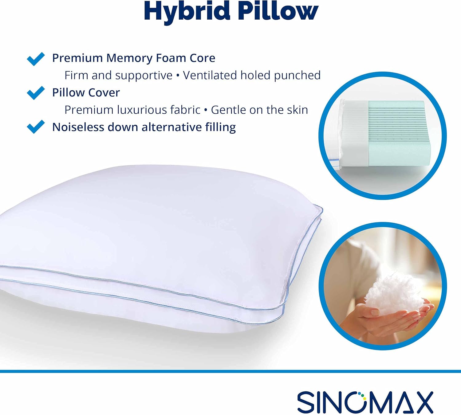 SINOMAX Hybrid Memory Foam Pillow | Ergonomic Medium Firm Pillow for Side and Back Sleepers | with Breathable Hypoallergenic Pillowcase | 24 x 16 inches