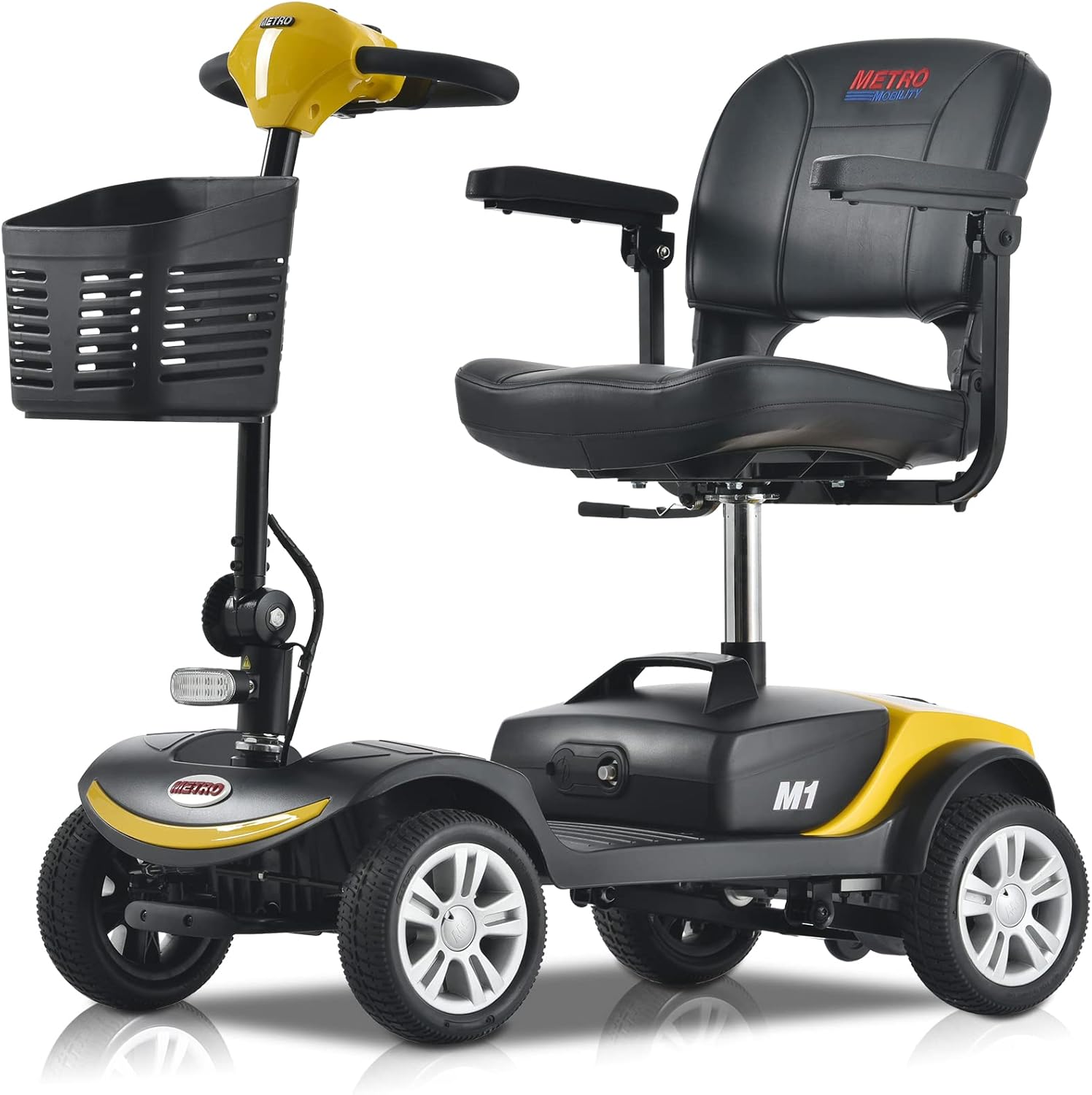 Metro Mobility Compact Travel Electric Powered Mobility Scooter for Adults and Seniors - 300 lbs Max Weight, Foldable, Lightweight, 4 Wheel, Thick Leather Seat, Large Capacity Lead-Acid Battery-Yellow