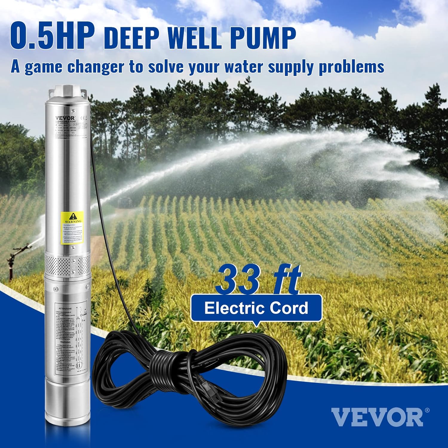 VEVOR Deep Well Submersible Pumps, 1HP 37gpm 207ft and 0.5HP 28gpm 167ft Head, 4" Stainless Steel Water Pumps