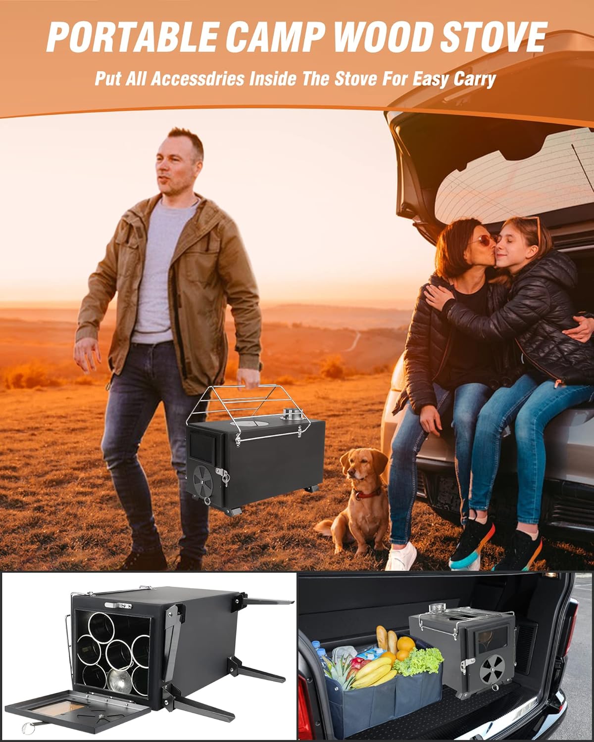 Wood Burning Stove for Hot Tents, Camping Stove with Chimney Pipes for Tents, Shelter, Outdoor Portable Wood Stove for Cooking and Heating